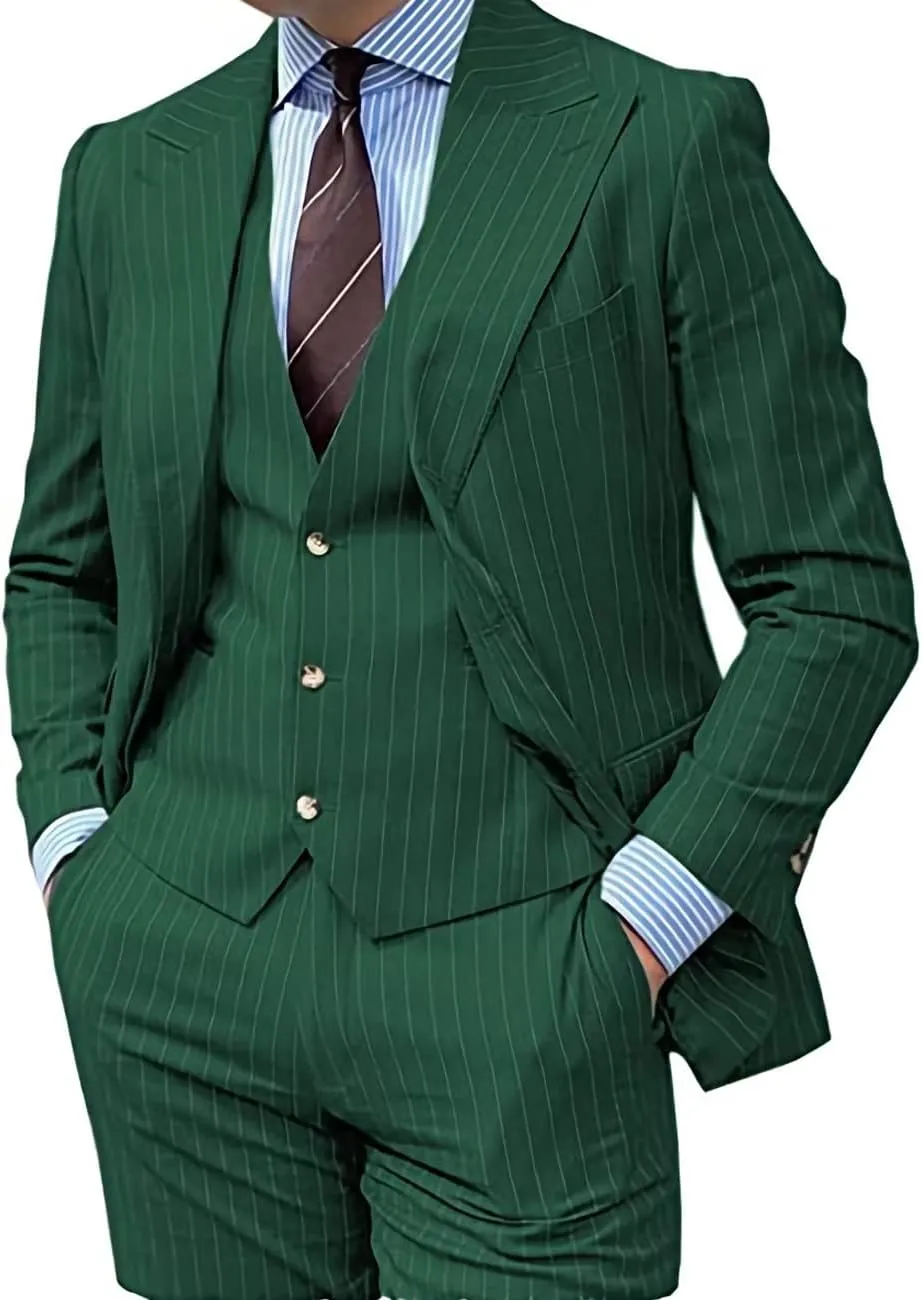 Men's Pinstripe Suit 3 Piece Slim Fit Lapel Stripe Blazer Vest Pant for Business Wedding