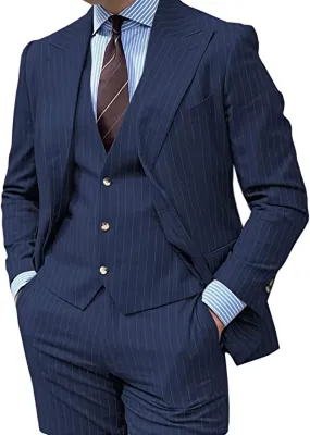 Men's Pinstripe Suit 3 Piece Slim Fit Lapel Stripe Blazer Vest Pant for Business Wedding