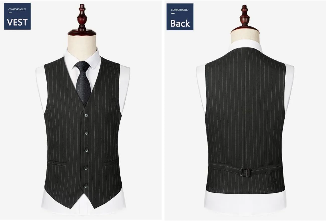 Men's Pinstripe Suit 3 Piece Slim Fit Lapel Stripe Blazer Vest Pant for Business Wedding