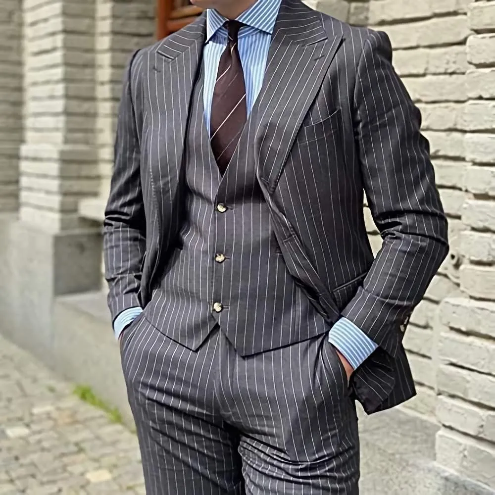 Men's Pinstripe Suit 3 Piece Slim Fit Lapel Stripe Blazer Vest Pant for Business Wedding