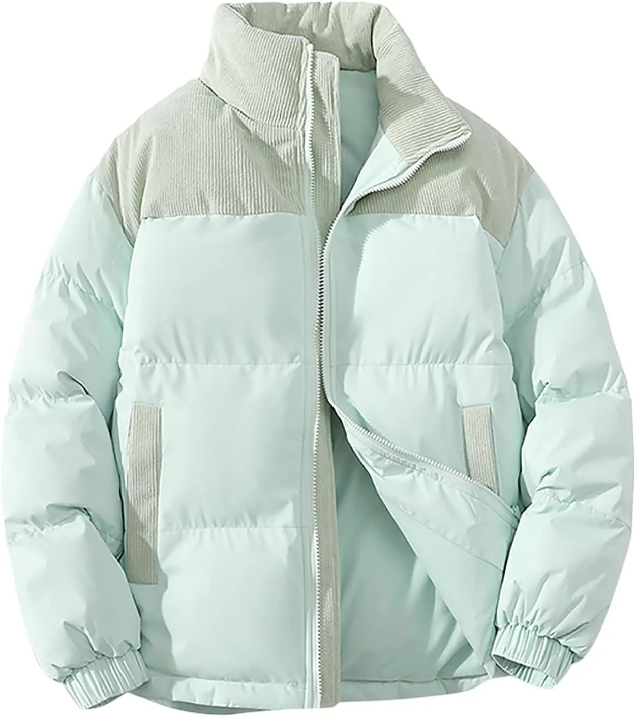 Mens Winter Bomber Jacket Warm Plus Size Puffer Jacket Corduroy Patchwork Coat Windproof Zipper Outwear Down Jacket