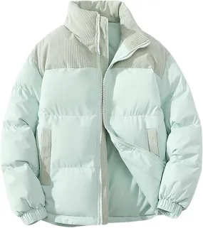 Mens Winter Bomber Jacket Warm Plus Size Puffer Jacket Corduroy Patchwork Coat Windproof Zipper Outwear Down Jacket