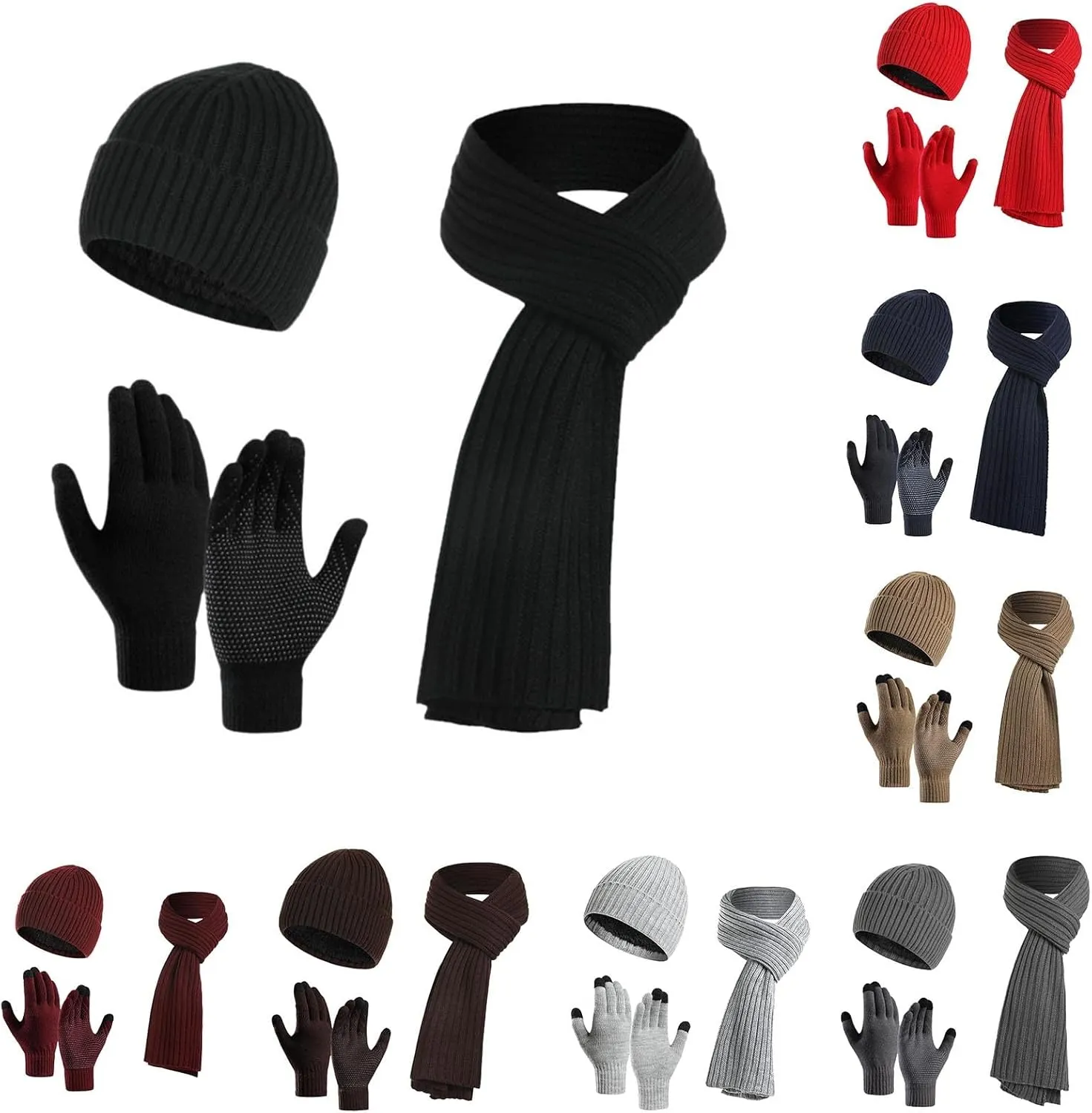Mens Winter Knit Warm Hat Beanie Long Scarf Touch Screen Gloves Set Skull Caps Neck Scarves for Women Men