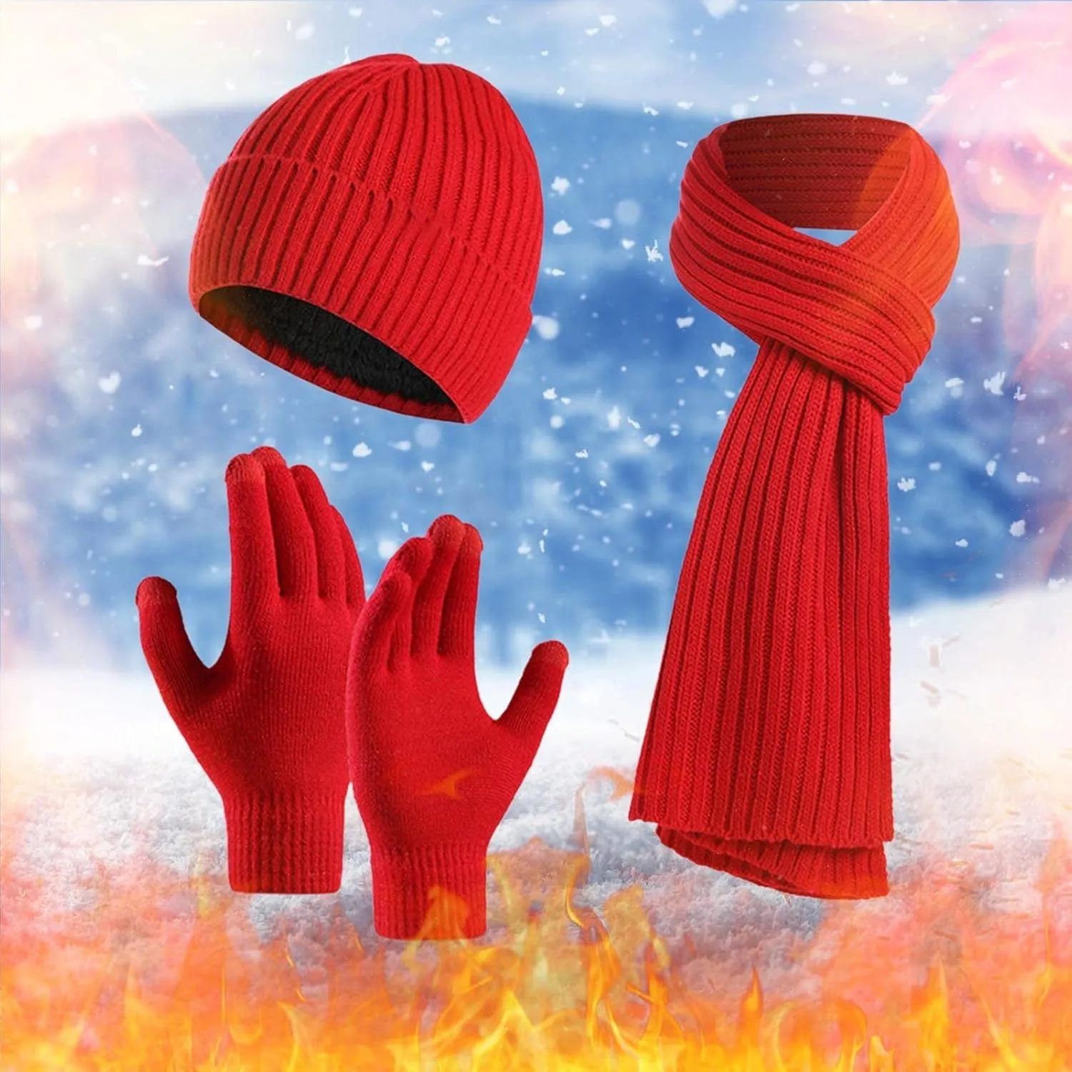 Mens Winter Knit Warm Hat Beanie Long Scarf Touch Screen Gloves Set Skull Caps Neck Scarves for Women Men