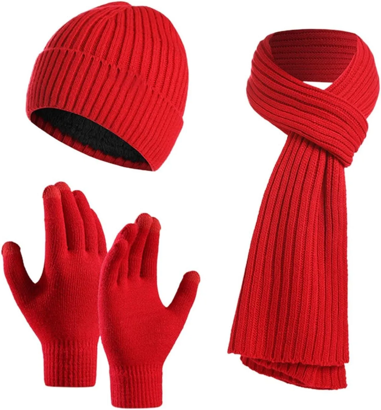 Mens Winter Knit Warm Hat Beanie Long Scarf Touch Screen Gloves Set Skull Caps Neck Scarves for Women Men