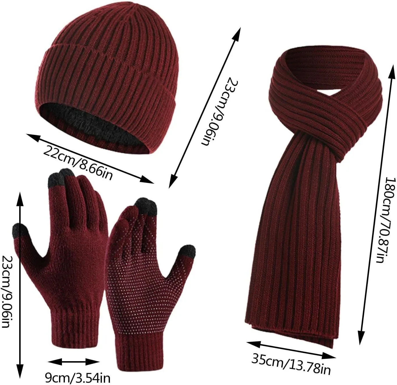 Mens Winter Knit Warm Hat Beanie Long Scarf Touch Screen Gloves Set Skull Caps Neck Scarves for Women Men