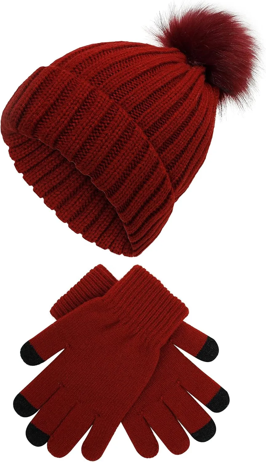 Muryobao 2 Pcs Womens Winter Knitted Beanie Hat Touch Screen Gloves Set Knit Cuffed Skull Cap with Faux Fur Pom