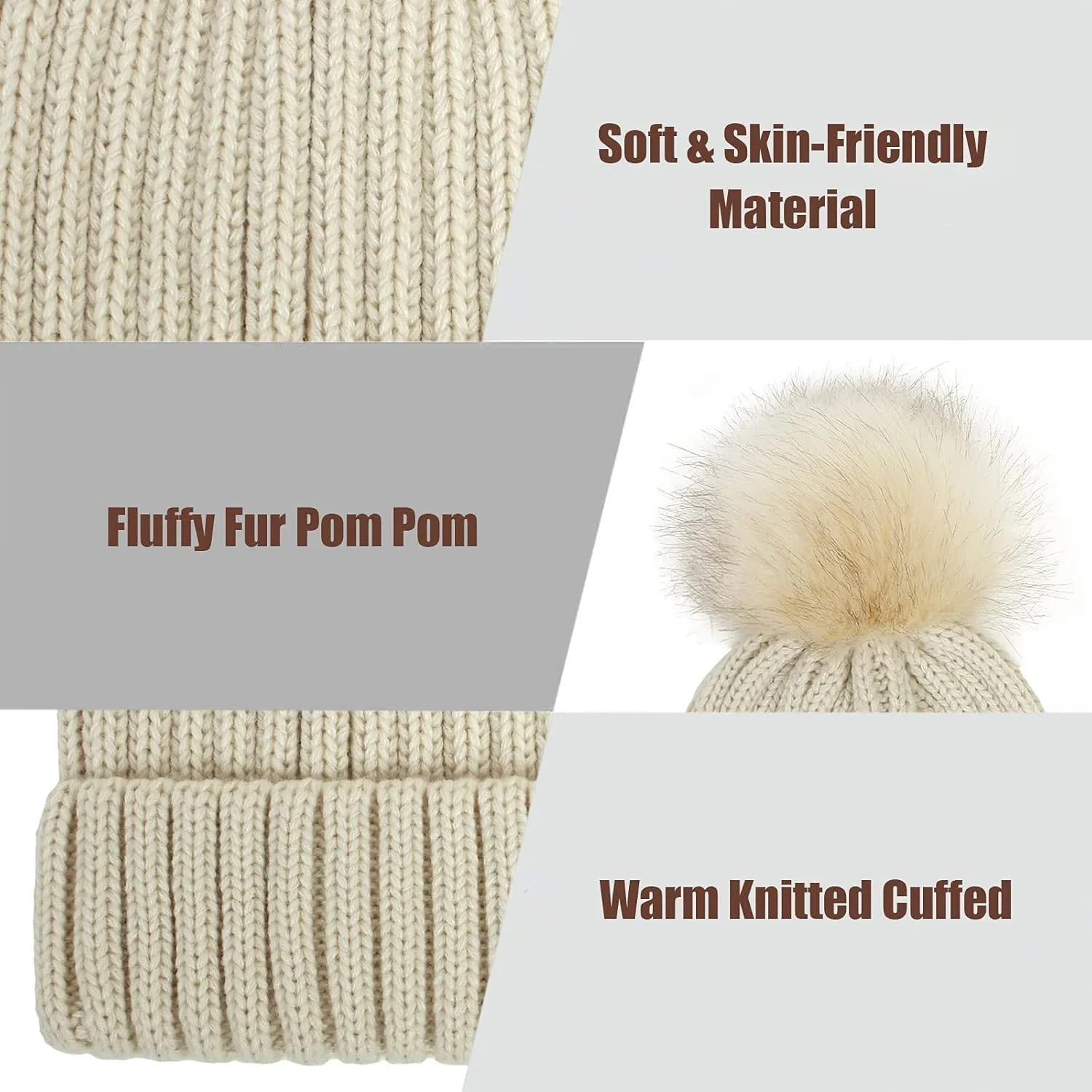 Muryobao 2 Pcs Womens Winter Knitted Beanie Hat Touch Screen Gloves Set Knit Cuffed Skull Cap with Faux Fur Pom