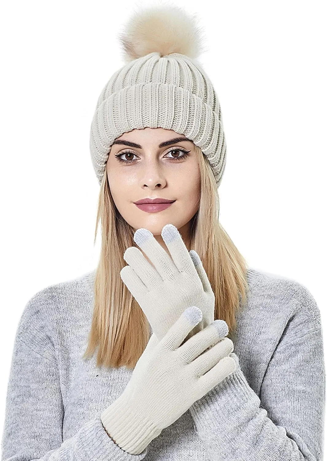 Muryobao 2 Pcs Womens Winter Knitted Beanie Hat Touch Screen Gloves Set Knit Cuffed Skull Cap with Faux Fur Pom
