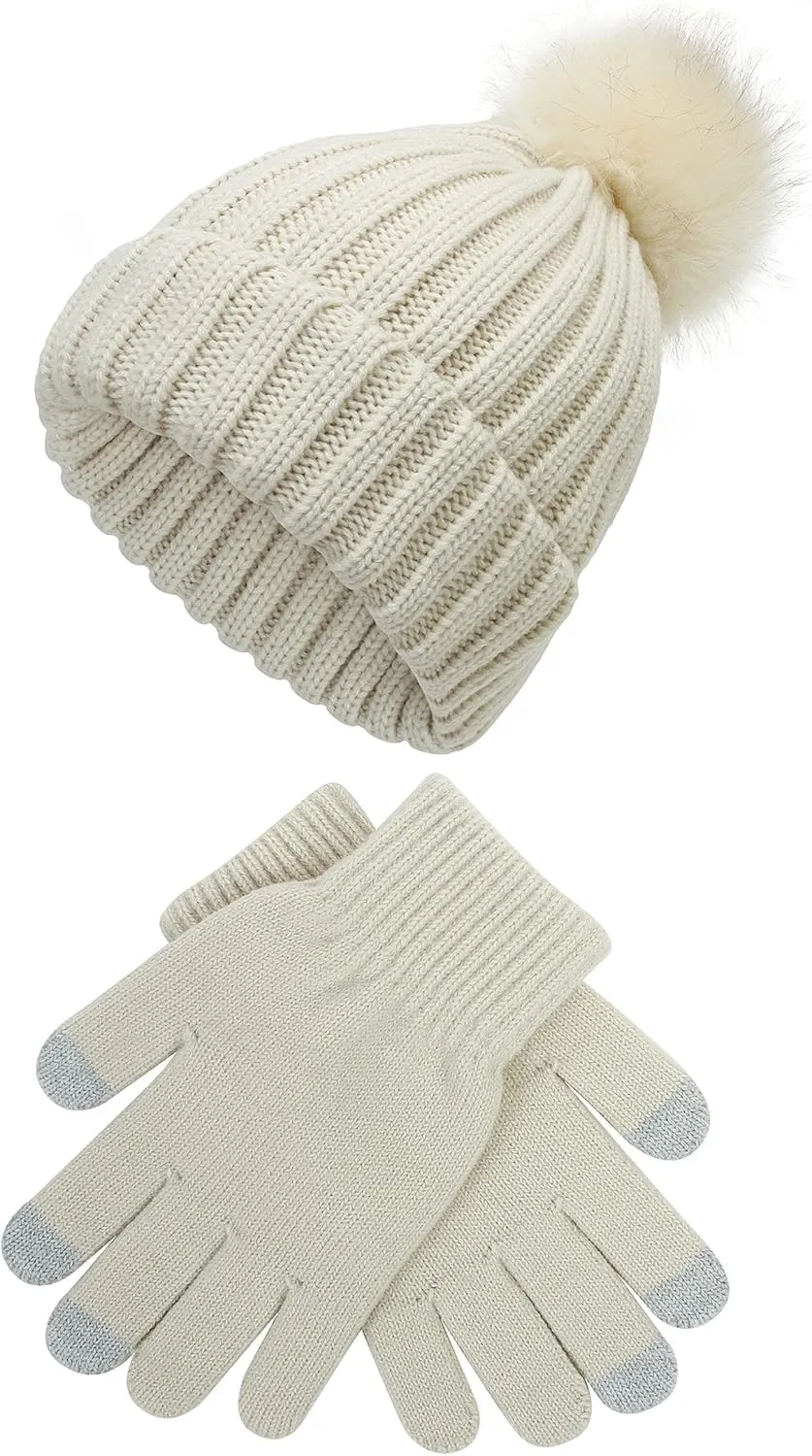Muryobao 2 Pcs Womens Winter Knitted Beanie Hat Touch Screen Gloves Set Knit Cuffed Skull Cap with Faux Fur Pom