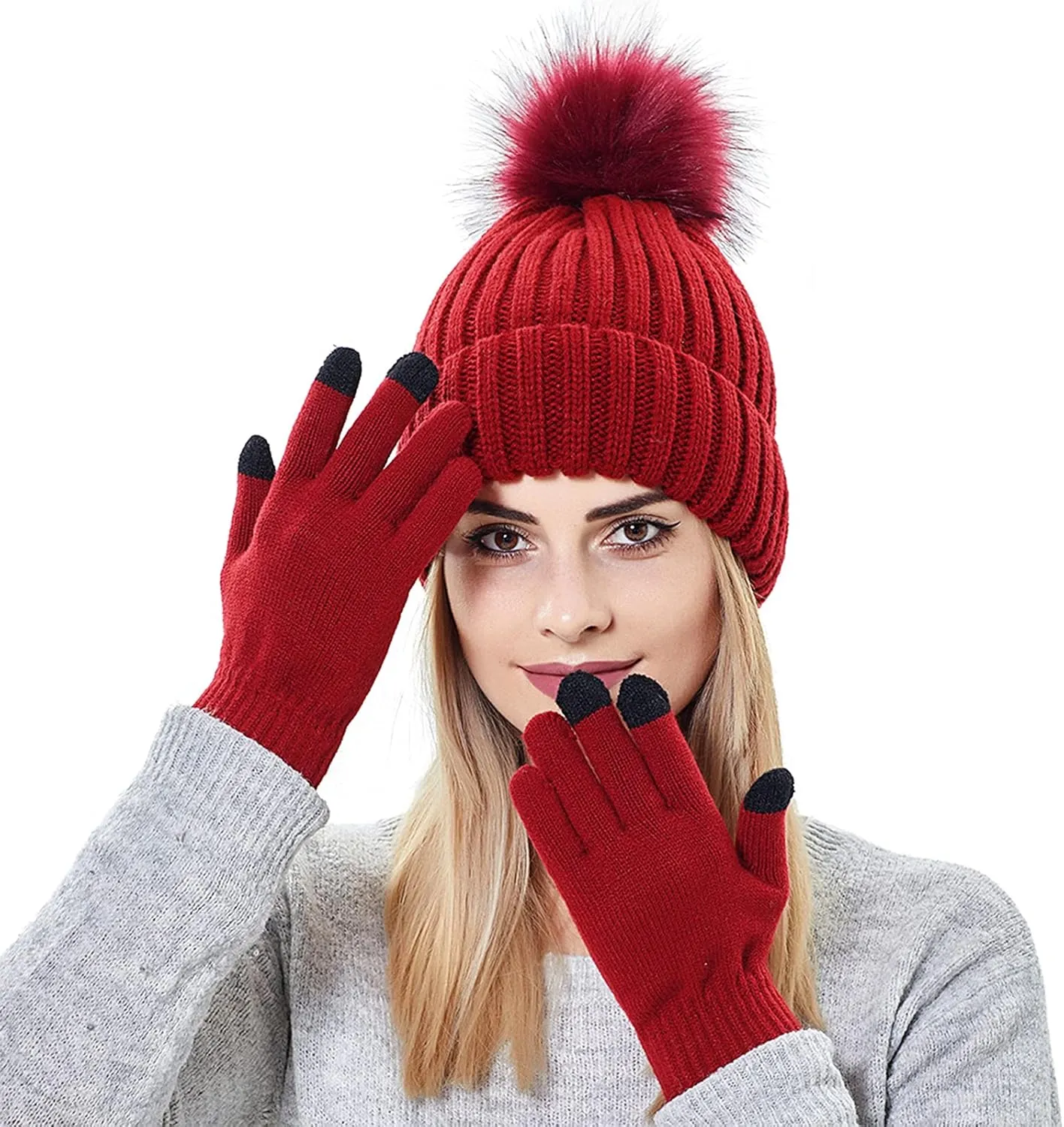 Muryobao 2 Pcs Womens Winter Knitted Beanie Hat Touch Screen Gloves Set Knit Cuffed Skull Cap with Faux Fur Pom