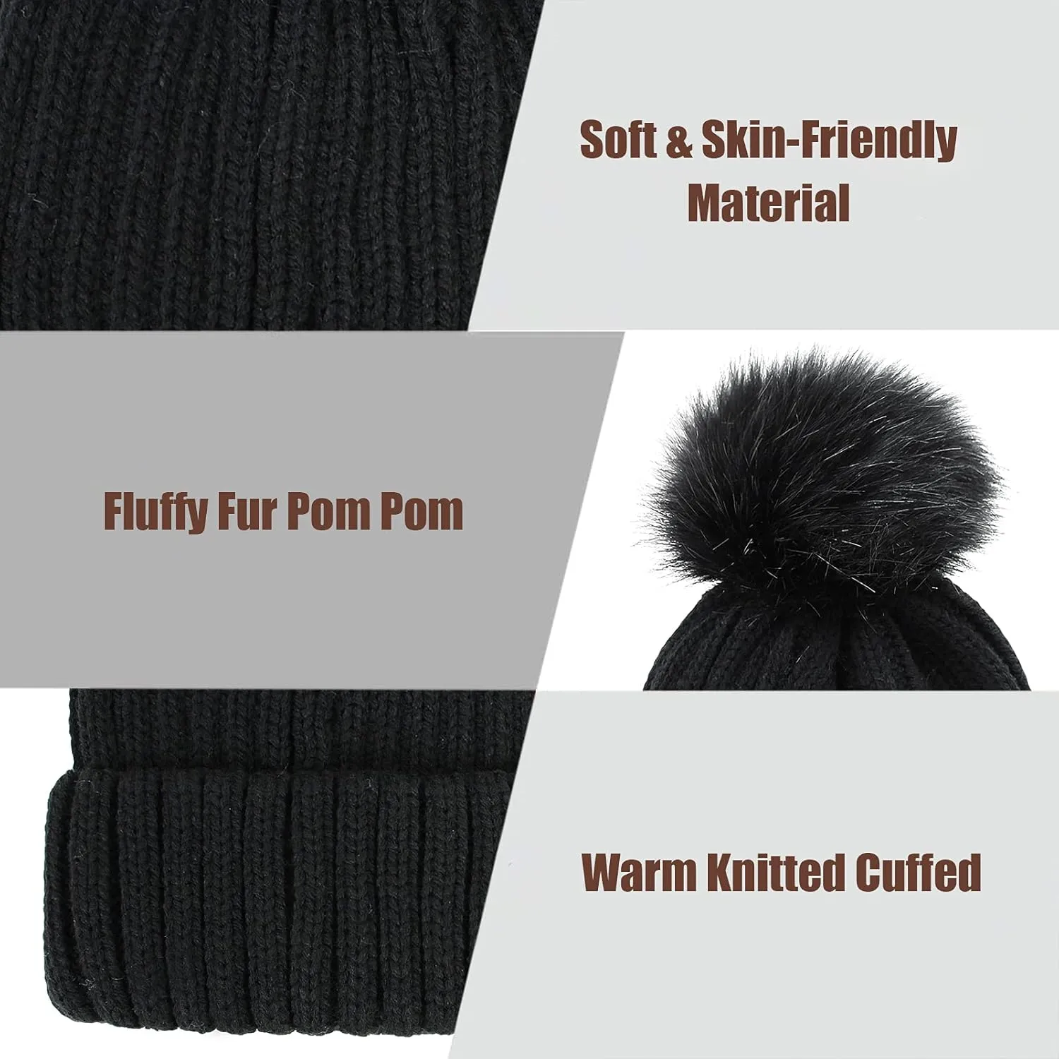 Muryobao 2 Pcs Womens Winter Knitted Beanie Hat Touch Screen Gloves Set Knit Cuffed Skull Cap with Faux Fur Pom