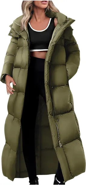NATHGAM Long Down Coats for Women Zipper Ankle Length Quilted Jacket Winter Plus Size Puffer Coat Soft Quilted Maxi Overcoat