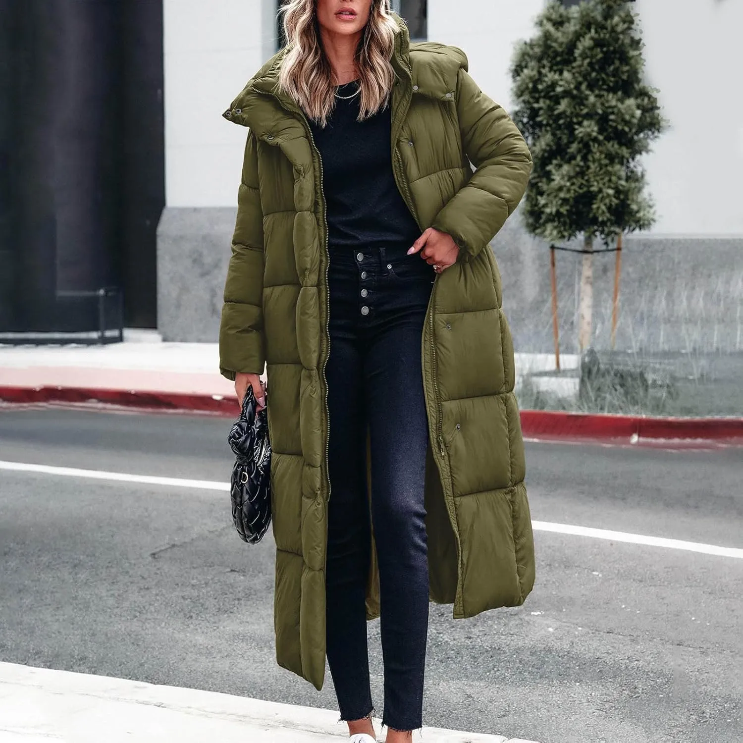 NATHGAM Long Down Coats for Women Zipper Ankle Length Quilted Jacket Winter Plus Size Puffer Coat Soft Quilted Maxi Overcoat
