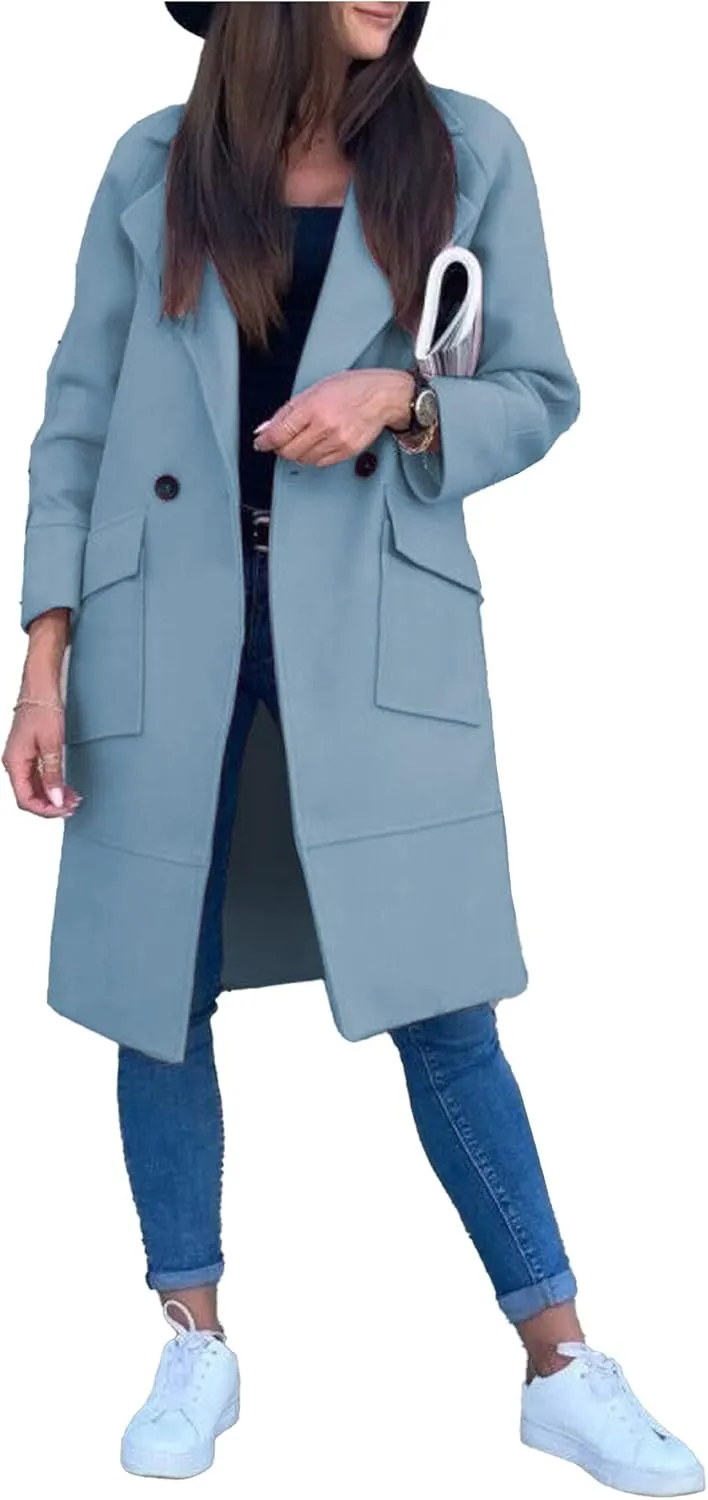 SEMATOMALA Women's Notched Lapel Long Wool Blend Coat Double Breasted Winter Raglan Outwear Jackets with Pockets