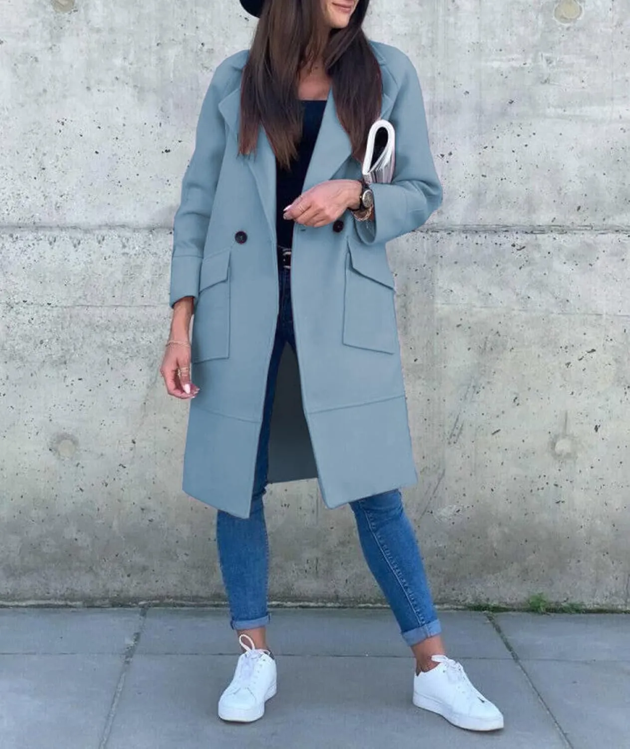 SEMATOMALA Women's Notched Lapel Long Wool Blend Coat Double Breasted Winter Raglan Outwear Jackets with Pockets