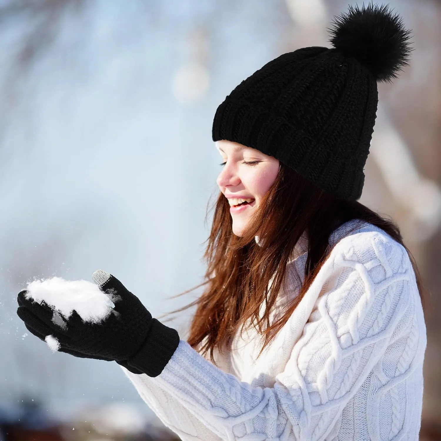 Sureio 27 Pcs Women's Winter Accessory Set - Knitted Beanie Hat with Pom, Warm Scarf, Touchscreen Gloves