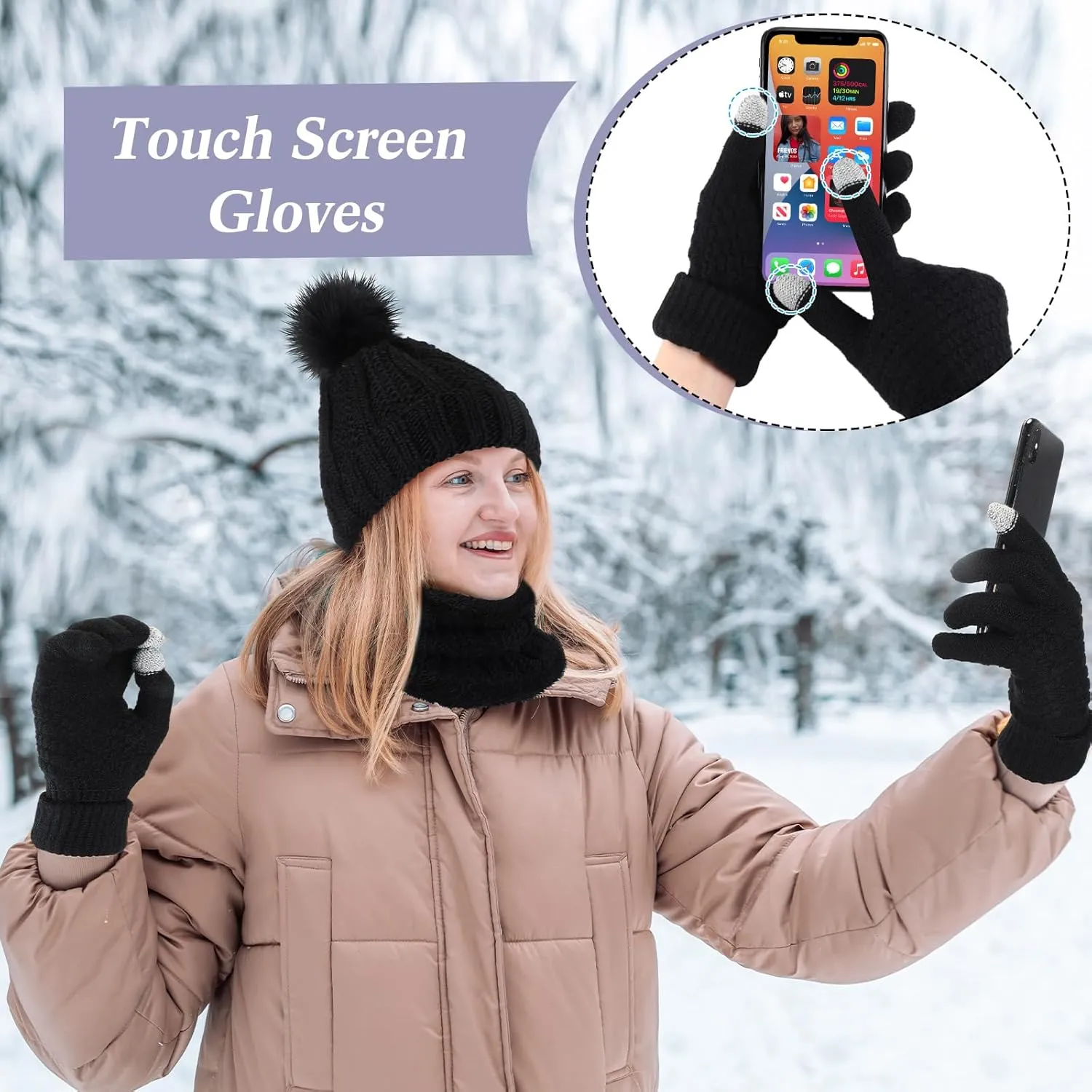 Sureio 27 Pcs Women's Winter Accessory Set - Knitted Beanie Hat with Pom, Warm Scarf, Touchscreen Gloves