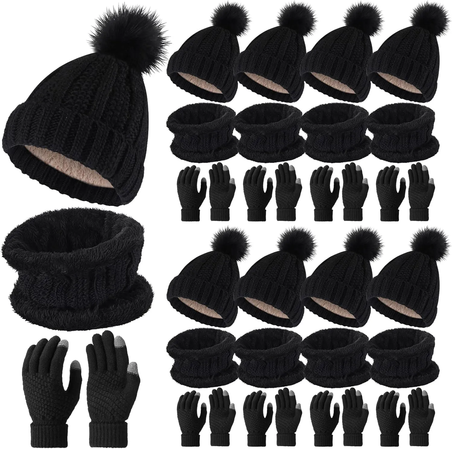 Sureio 27 Pcs Women's Winter Accessory Set - Knitted Beanie Hat with Pom, Warm Scarf, Touchscreen Gloves