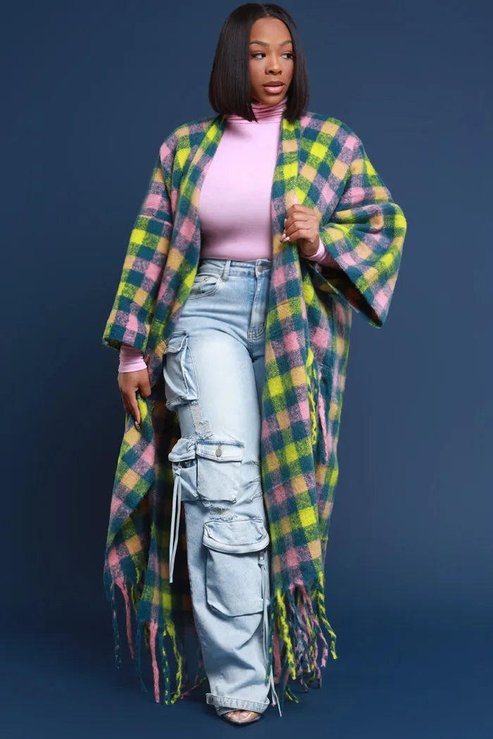 Warm Up To You Fringe Maxi Cardigan Sweater - Green Checkered