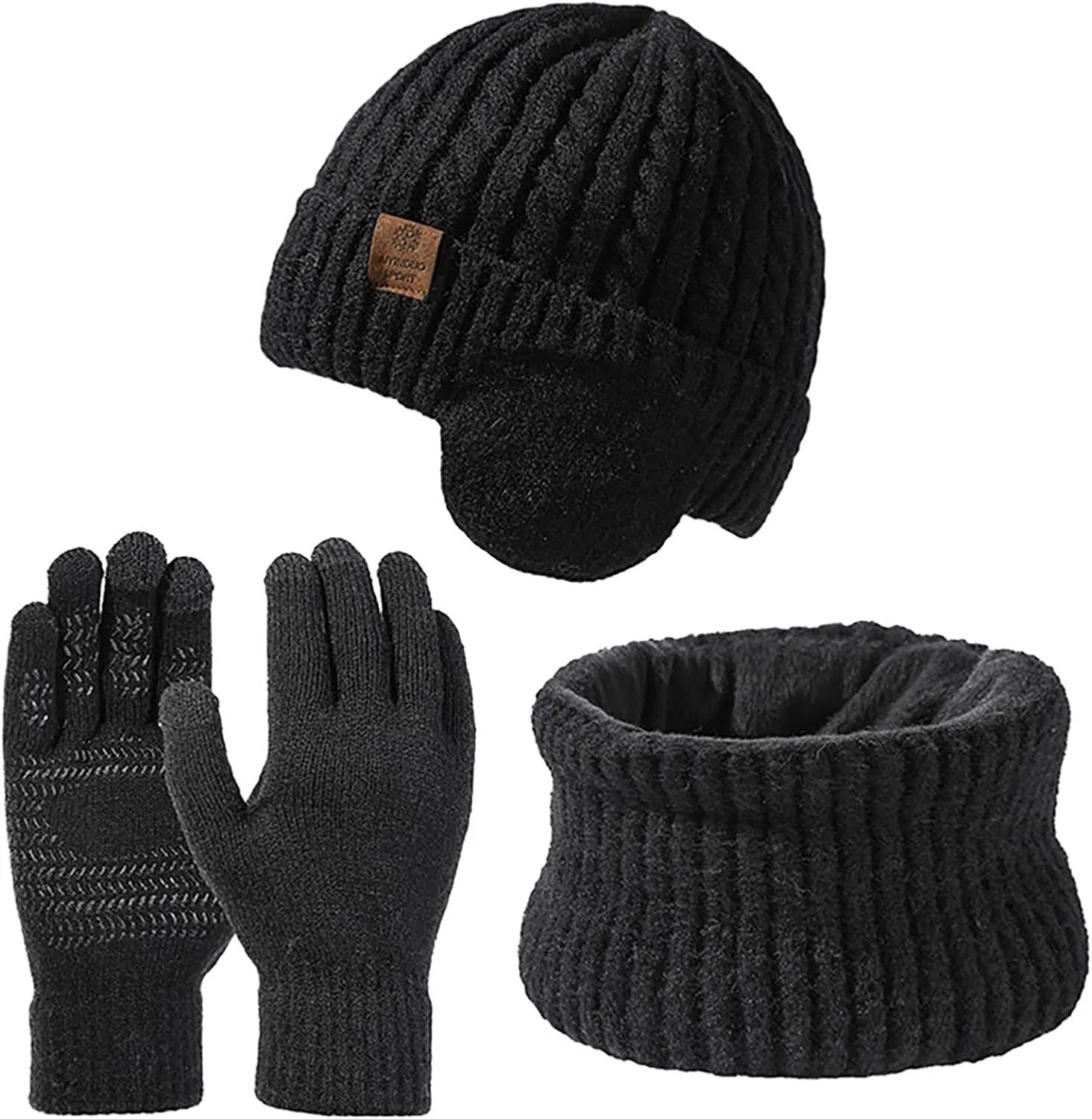 Winter Knit Beanie Hat Neck Warmer Scarf Touchscreen Glove Set 3 Pcs Cap Set for Men Women Winter Gloves Men