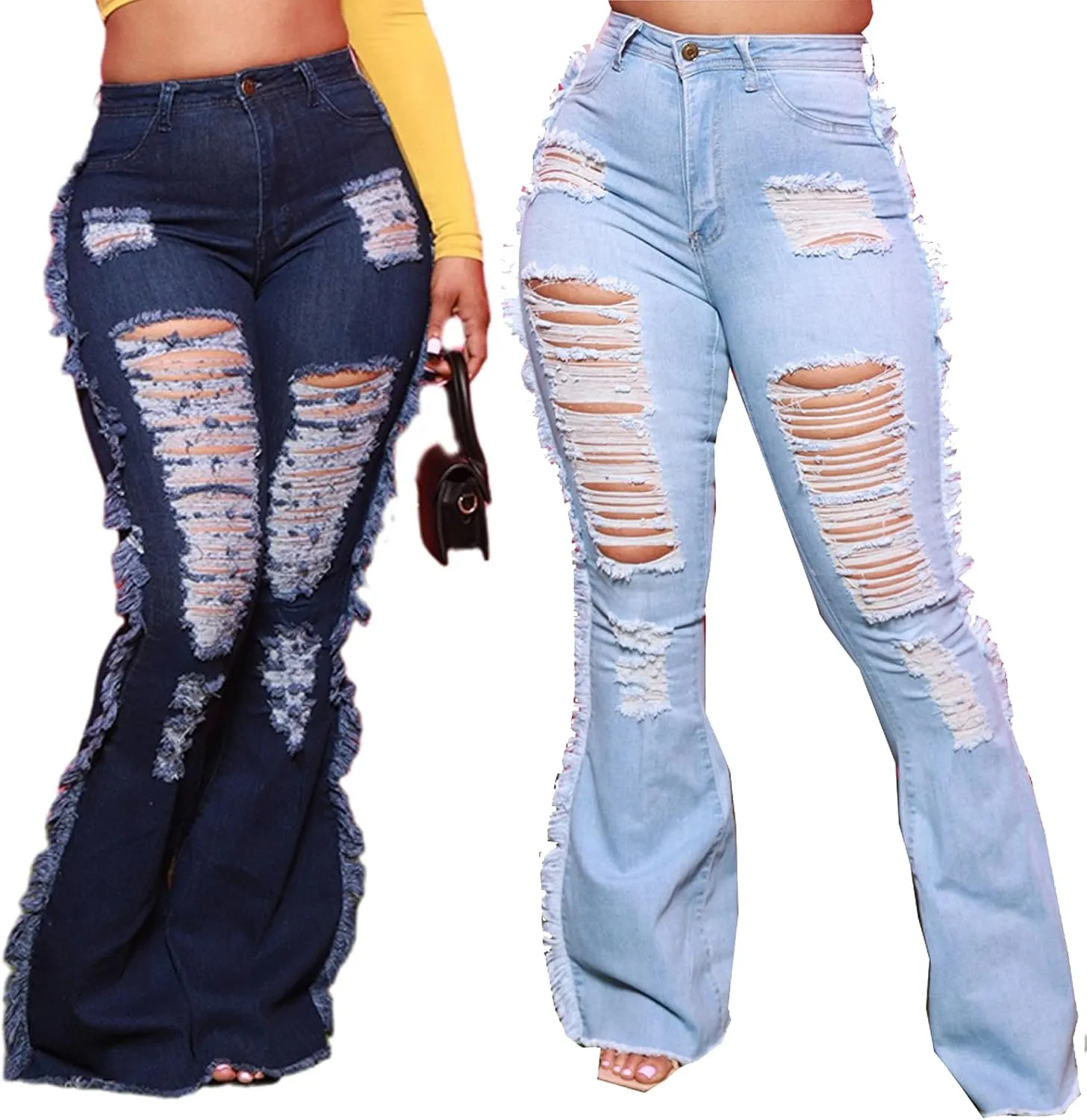 Women Bell Bottom Jeans High Waisted Flare Jean Ripped Hole Classic Denim Bell Bottom Pants