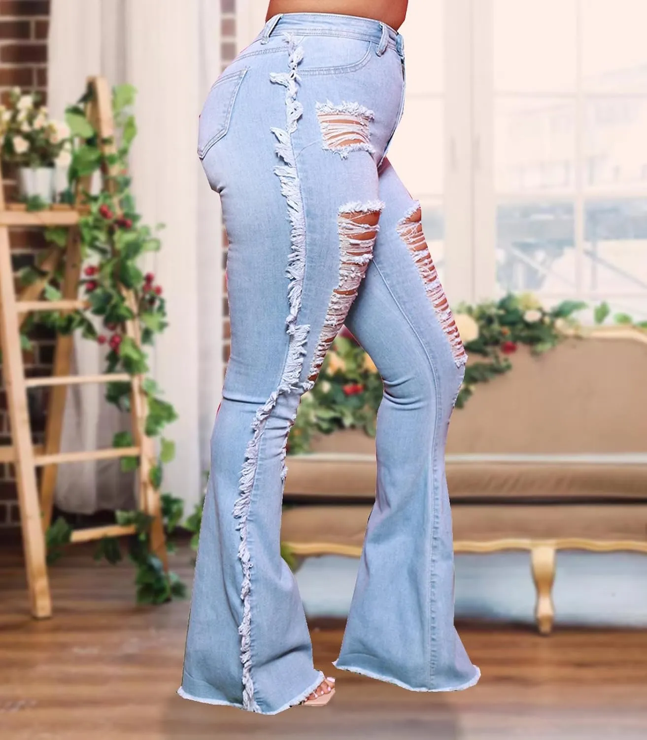 Women Bell Bottom Jeans High Waisted Flare Jean Ripped Hole Classic Denim Bell Bottom Pants