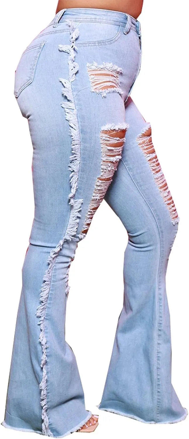 Women Bell Bottom Jeans High Waisted Flare Jean Ripped Hole Classic Denim Bell Bottom Pants