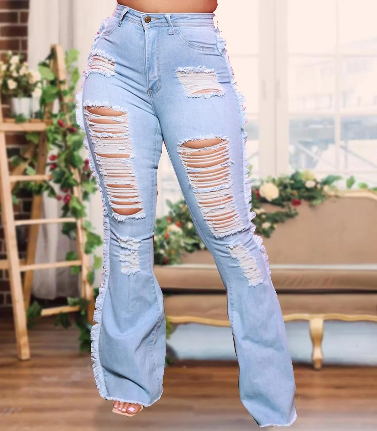 Women Bell Bottom Jeans High Waisted Flare Jean Ripped Hole Classic Denim Bell Bottom Pants