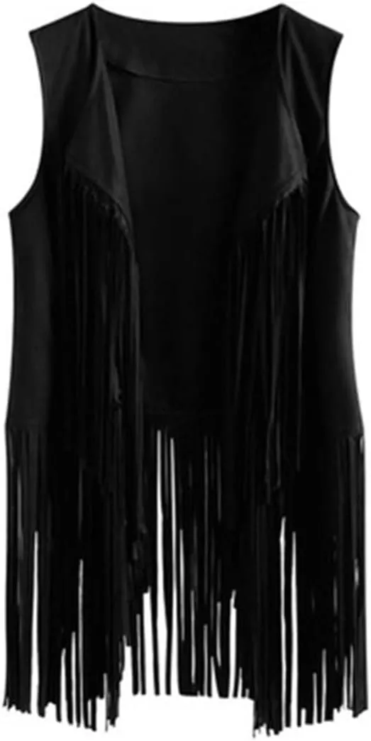 Women Faux Suede Sleeveless Jacket Fringe Tassels 70s Open Front Cardigan Vest Solid Color Tank Tops