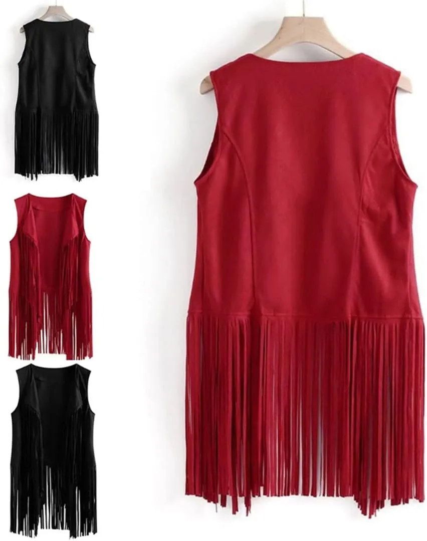 Women Faux Suede Sleeveless Jacket Fringe Tassels 70s Open Front Cardigan Vest Solid Color Tank Tops