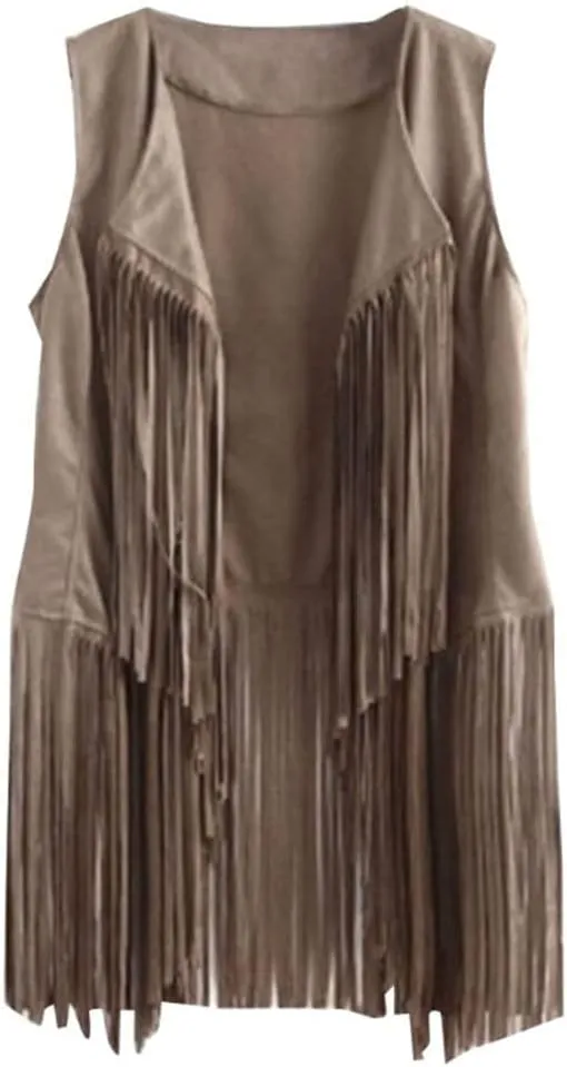 Women Faux Suede Sleeveless Jacket Fringe Tassels 70s Open Front Cardigan Vest Solid Color Tank Tops