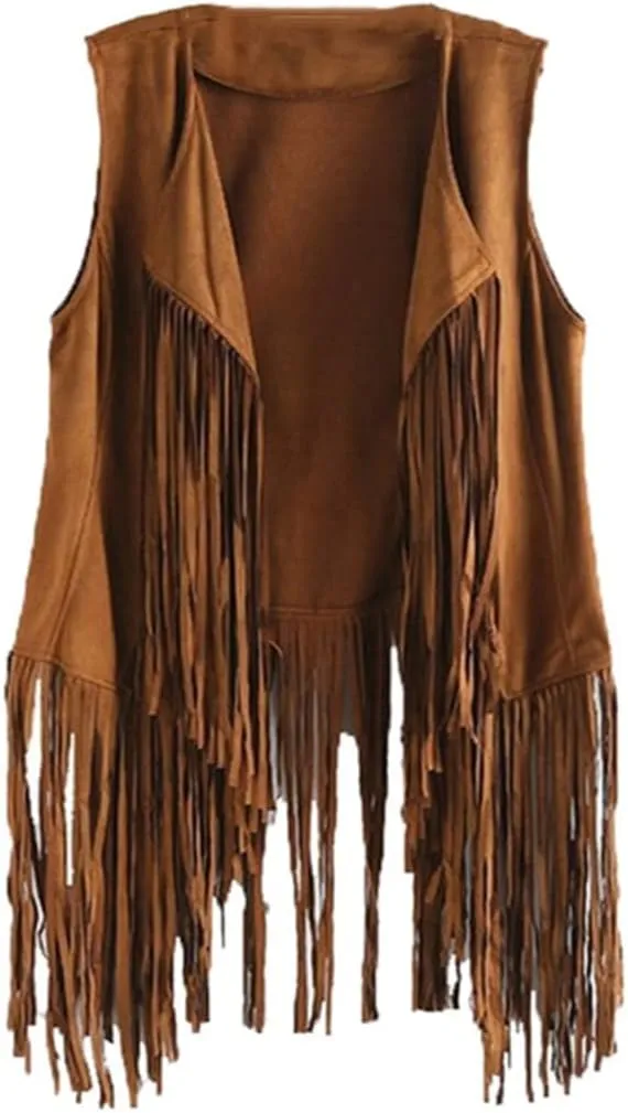 Women Faux Suede Sleeveless Jacket Fringe Tassels 70s Open Front Cardigan Vest Solid Color Tank Tops