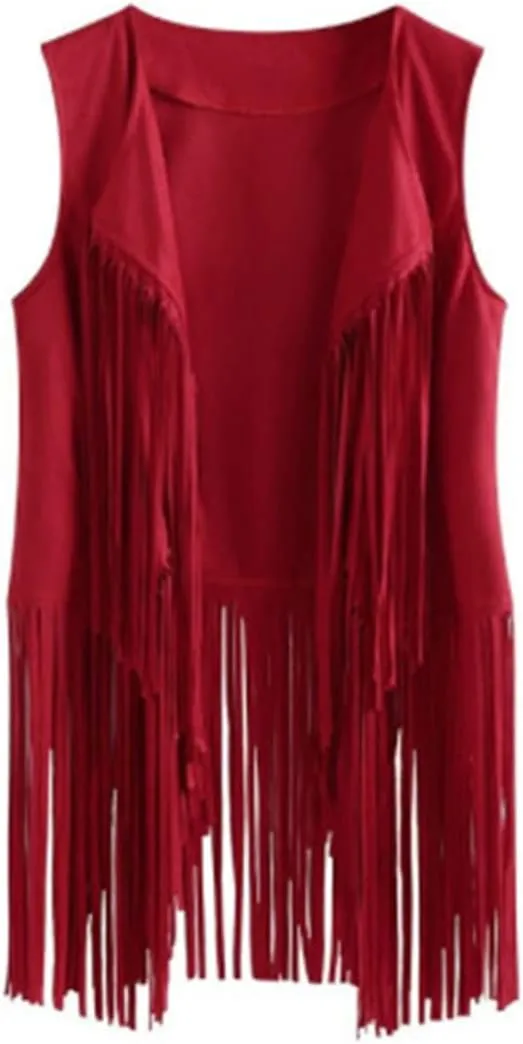 Women Faux Suede Sleeveless Jacket Fringe Tassels 70s Open Front Cardigan Vest Solid Color Tank Tops