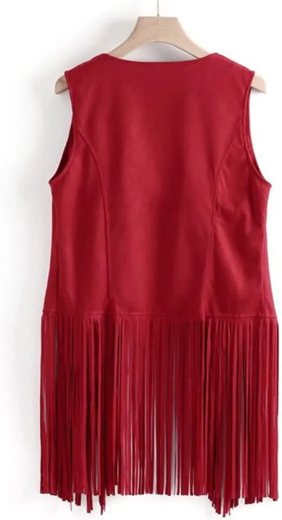 Women Faux Suede Sleeveless Jacket Fringe Tassels 70s Open Front Cardigan Vest Solid Color Tank Tops