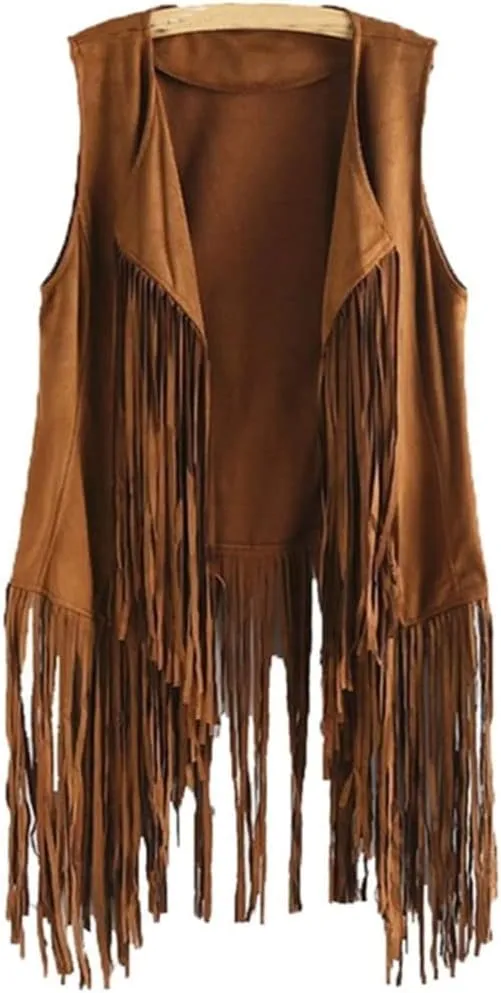 Women Faux Suede Sleeveless Jacket Fringe Tassels 70s Open Front Cardigan Vest Solid Color Tank Tops
