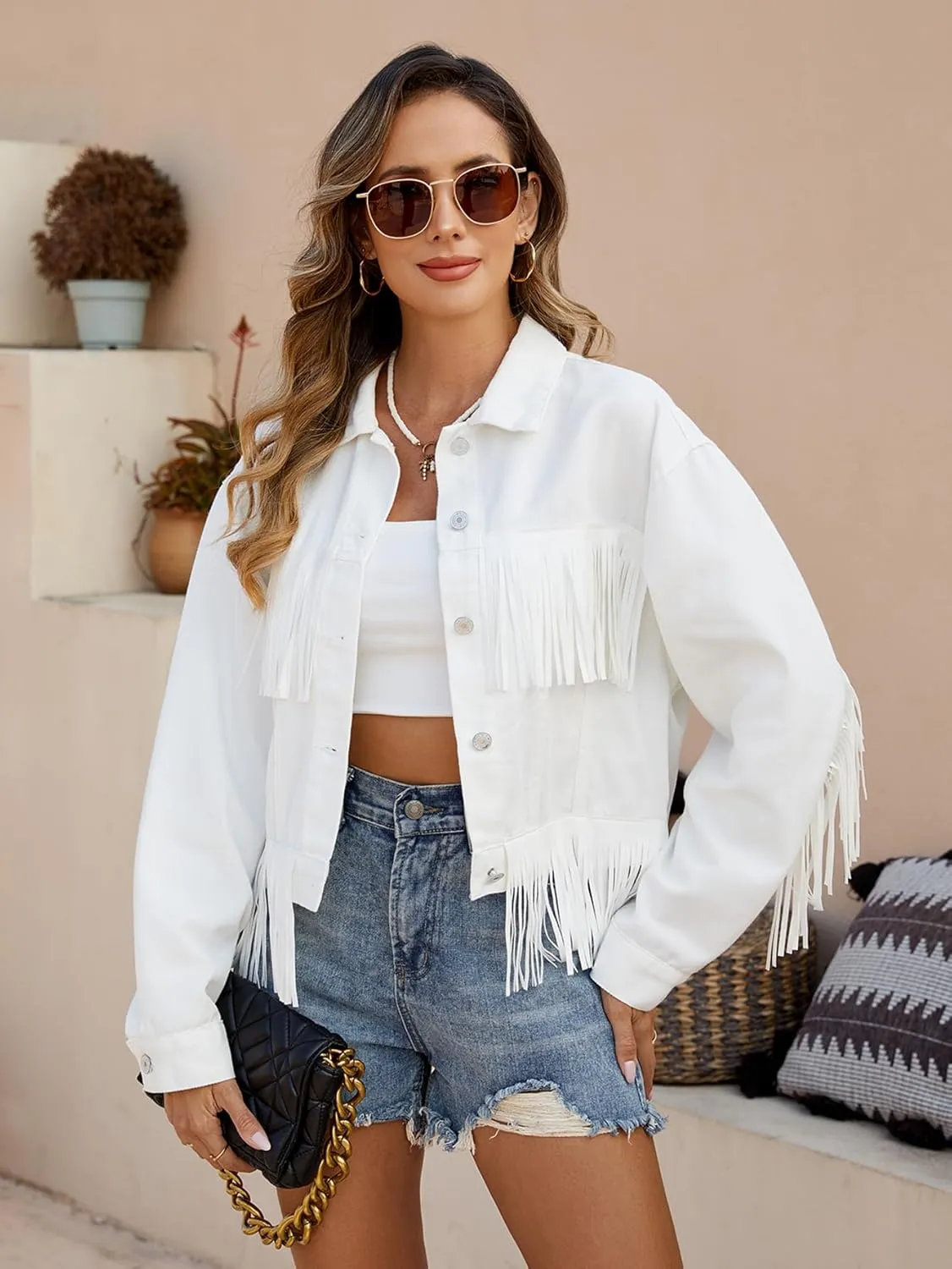 Women Fringe Cropped Trucker Jean Jacket Distressed Western Cowgirl Shacket Coat