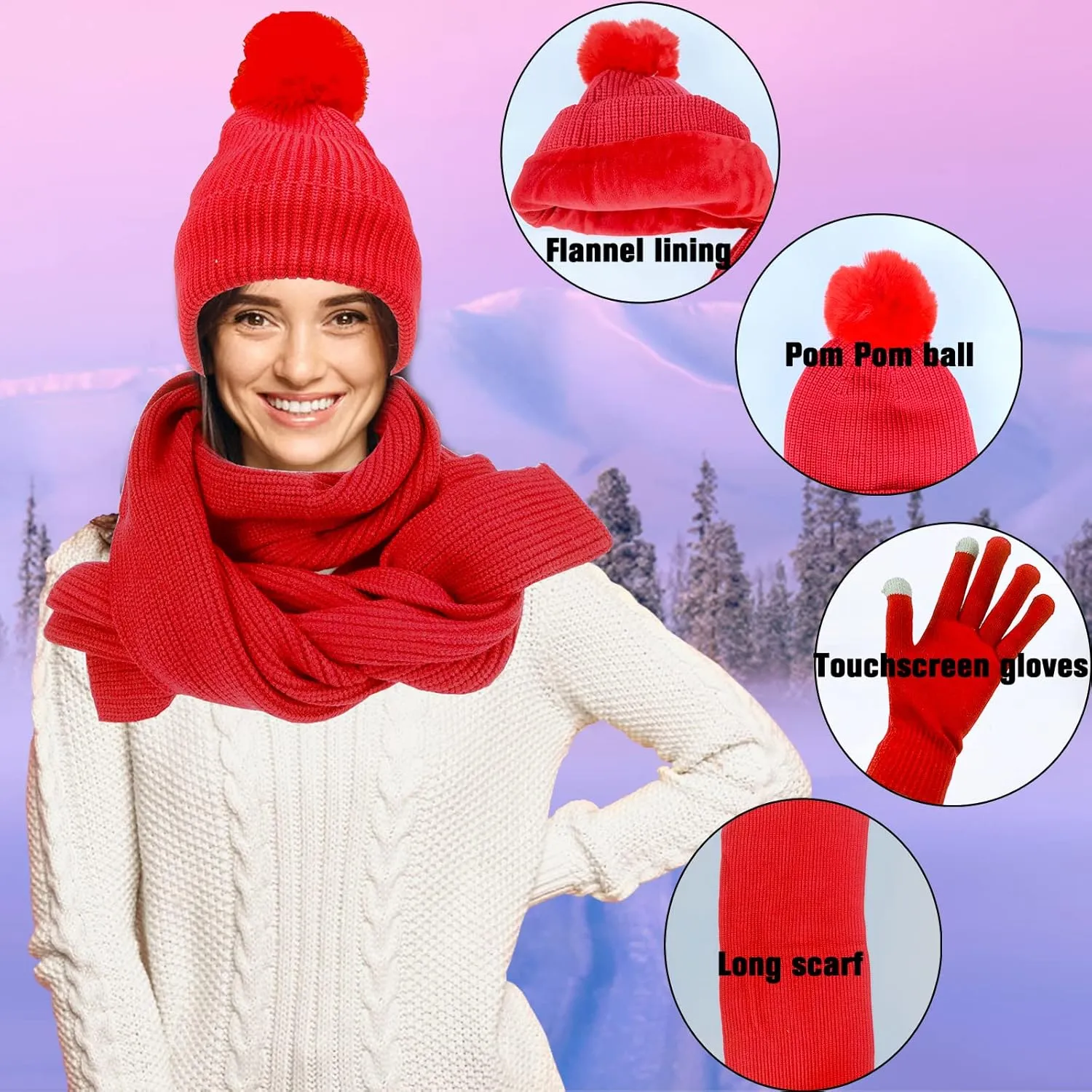 Women Girls Knit Beanie Hat Scarf and Gloves Set, Winter Soft Warm Thick Fleece Lined Knit Hat with Pompom, Gloves and Scarf