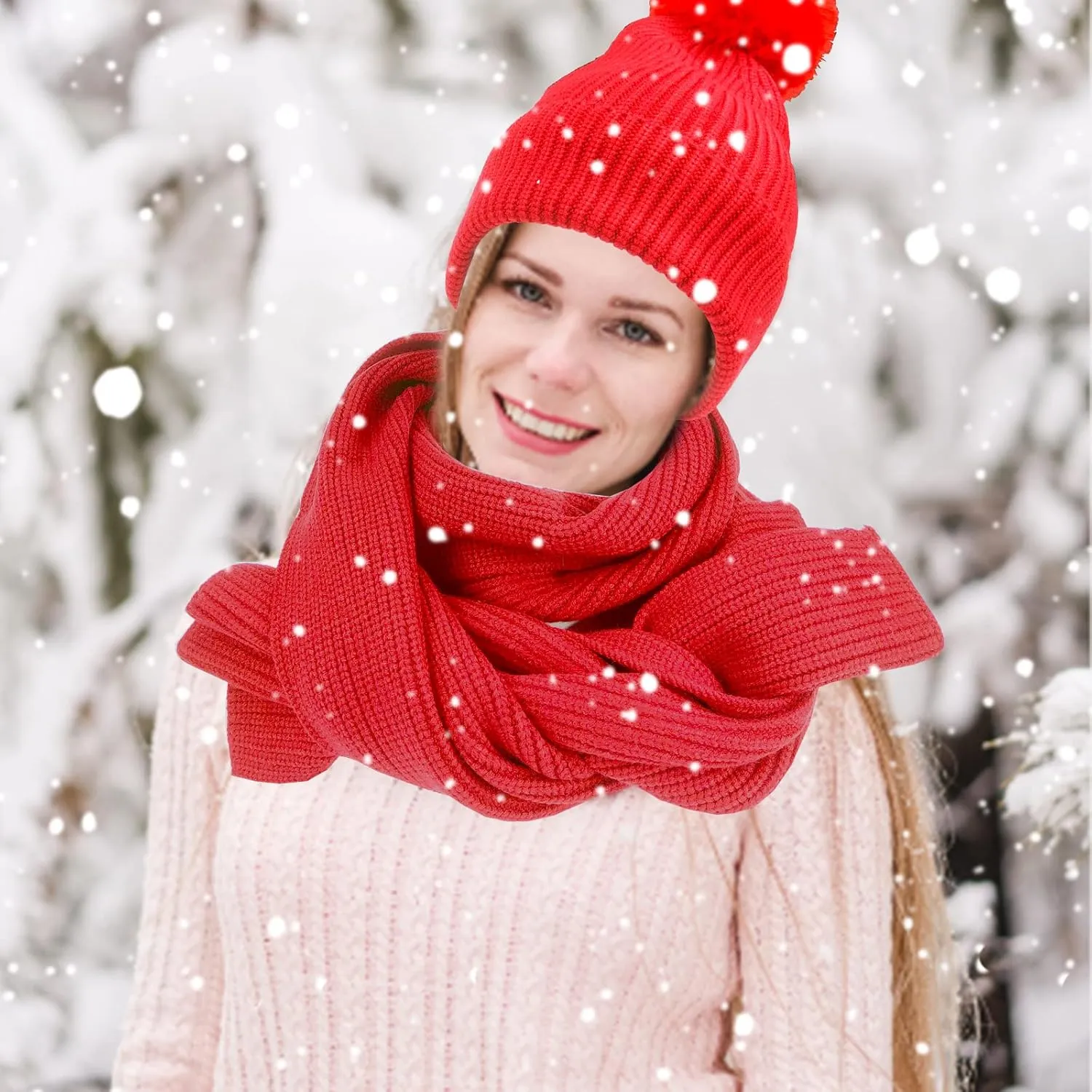 Women Girls Knit Beanie Hat Scarf and Gloves Set, Winter Soft Warm Thick Fleece Lined Knit Hat with Pompom, Gloves and Scarf