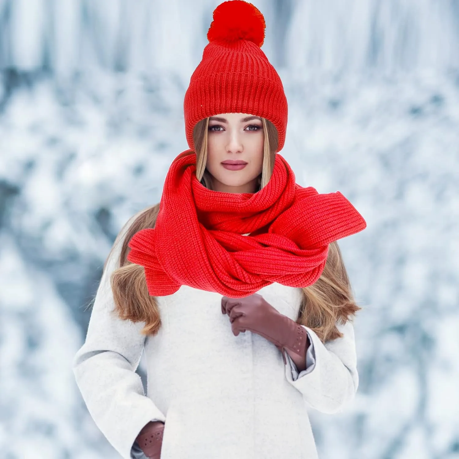Women Girls Knit Beanie Hat Scarf and Gloves Set, Winter Soft Warm Thick Fleece Lined Knit Hat with Pompom, Gloves and Scarf