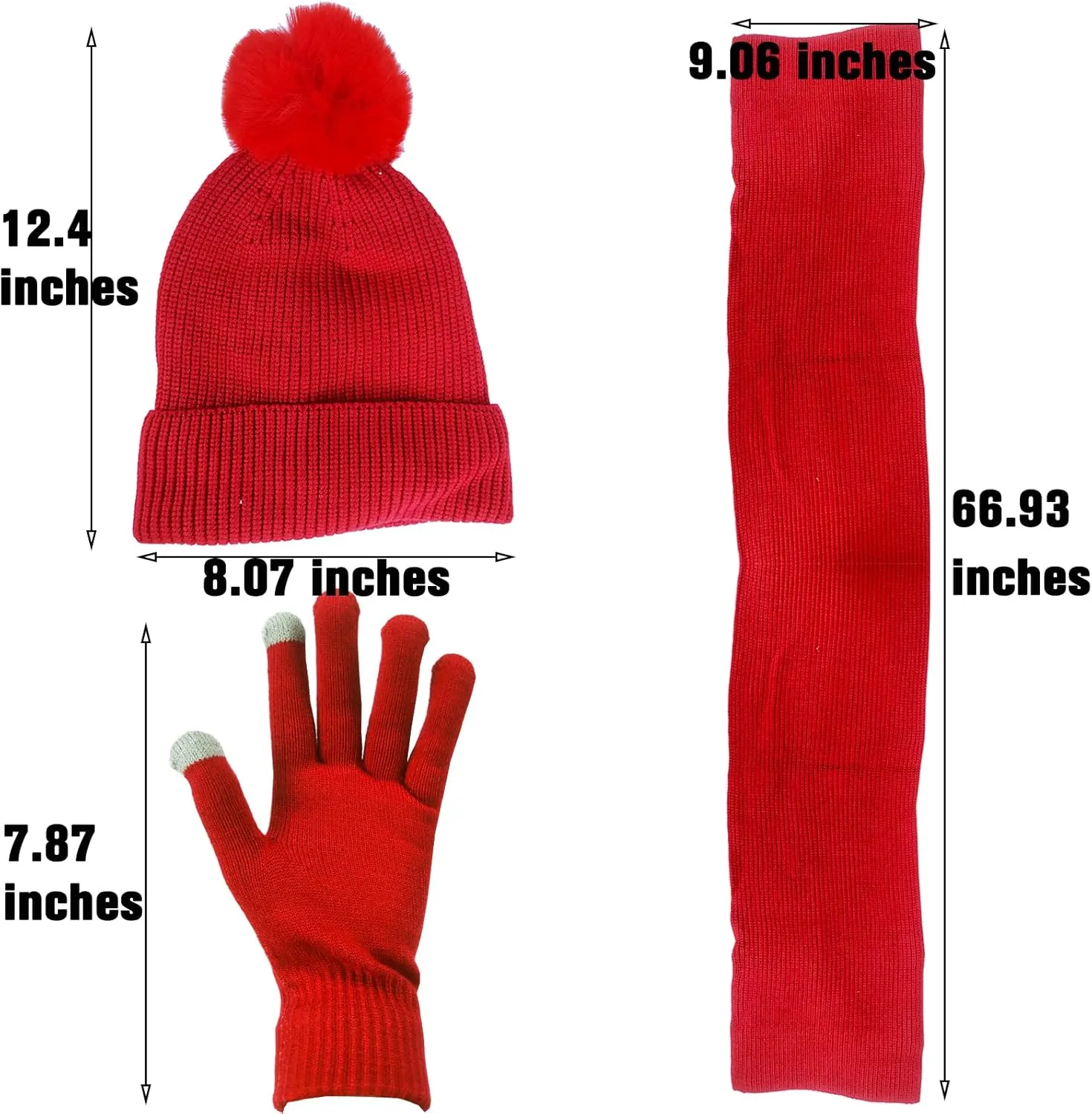Women Girls Knit Beanie Hat Scarf and Gloves Set, Winter Soft Warm Thick Fleece Lined Knit Hat with Pompom, Gloves and Scarf