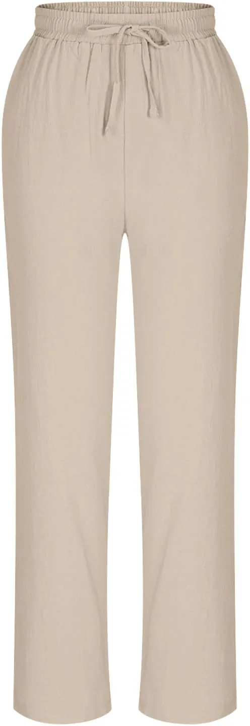 Womens Cotton Linen Pant Straight Leg Cropped Trousers Lightweight Slim Fit Elastic Waist Drawstring Slacks