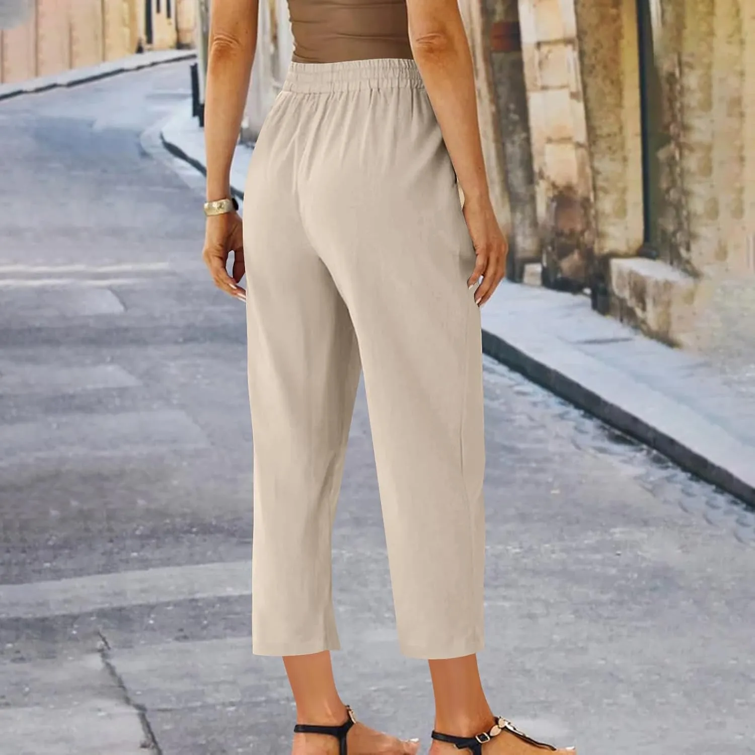 Womens Cotton Linen Pant Straight Leg Cropped Trousers Lightweight Slim Fit Elastic Waist Drawstring Slacks