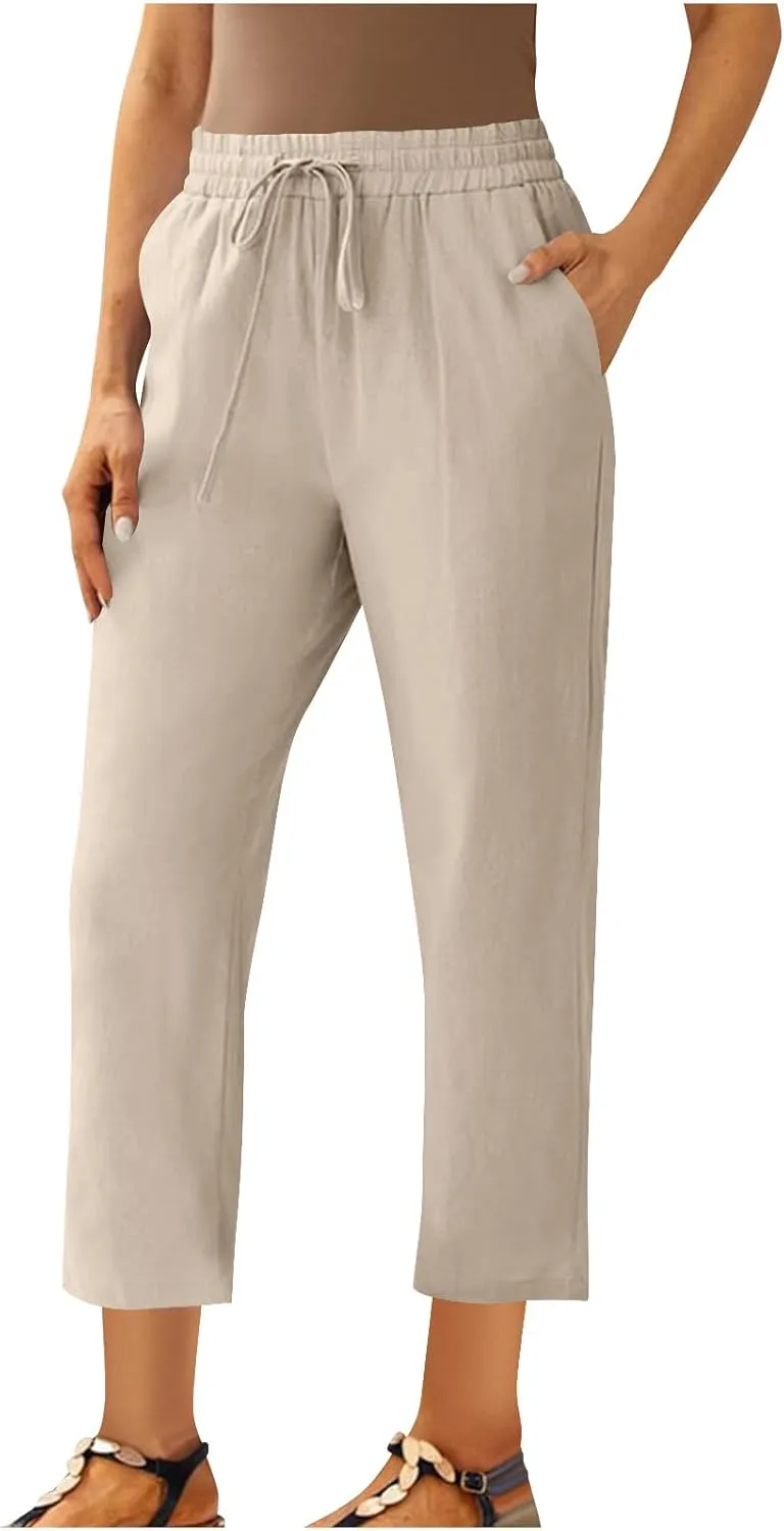 Womens Cotton Linen Pant Straight Leg Cropped Trousers Lightweight Slim Fit Elastic Waist Drawstring Slacks