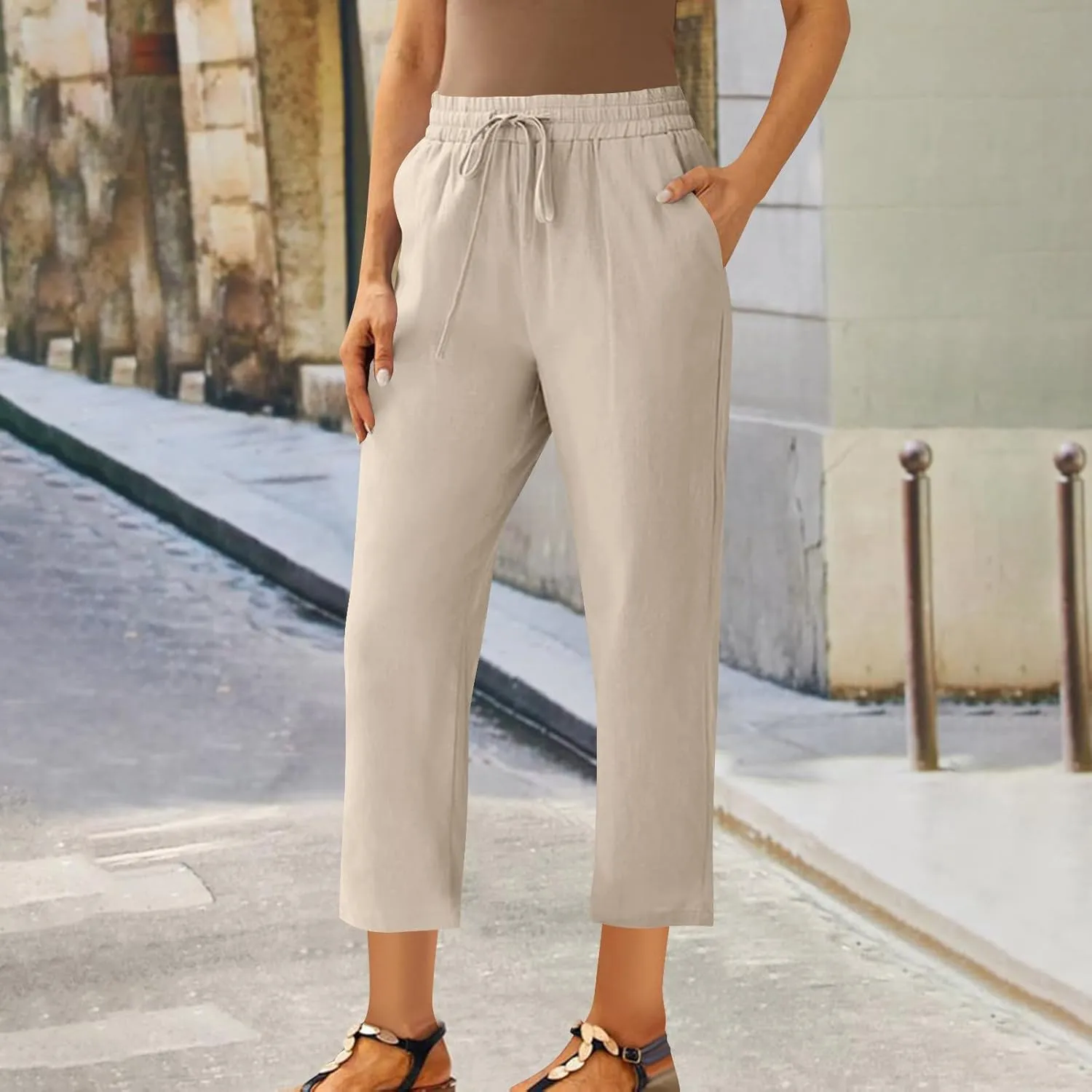 Womens Cotton Linen Pant Straight Leg Cropped Trousers Lightweight Slim Fit Elastic Waist Drawstring Slacks
