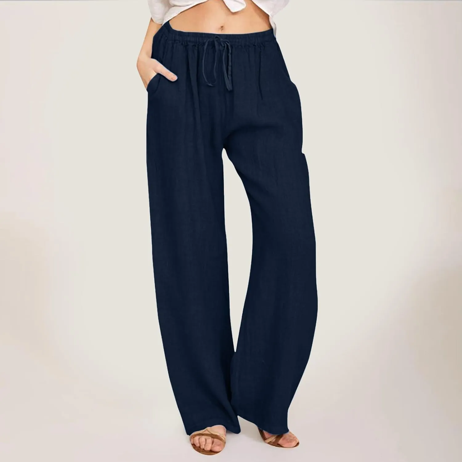 Womens Cotton Linen Summer Loose Flowy Pants Elastic Waisted Lounge Pants Slim-Fit Palazzo Pants Beach