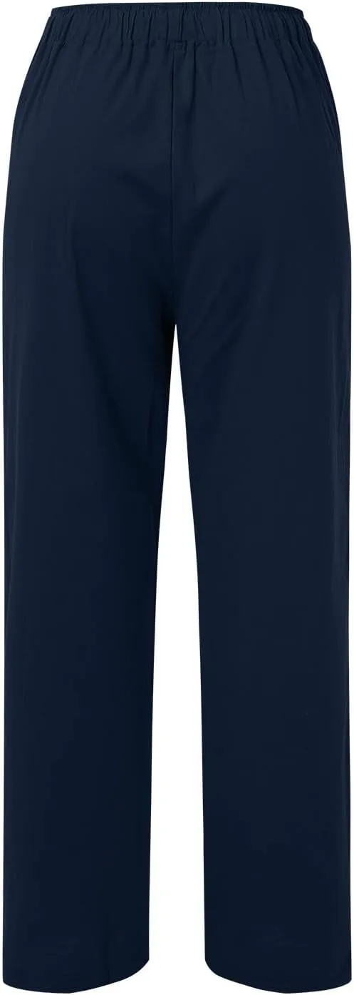 Womens Cotton Linen Summer Loose Flowy Pants Elastic Waisted Lounge Pants Slim-Fit Palazzo Pants Beach