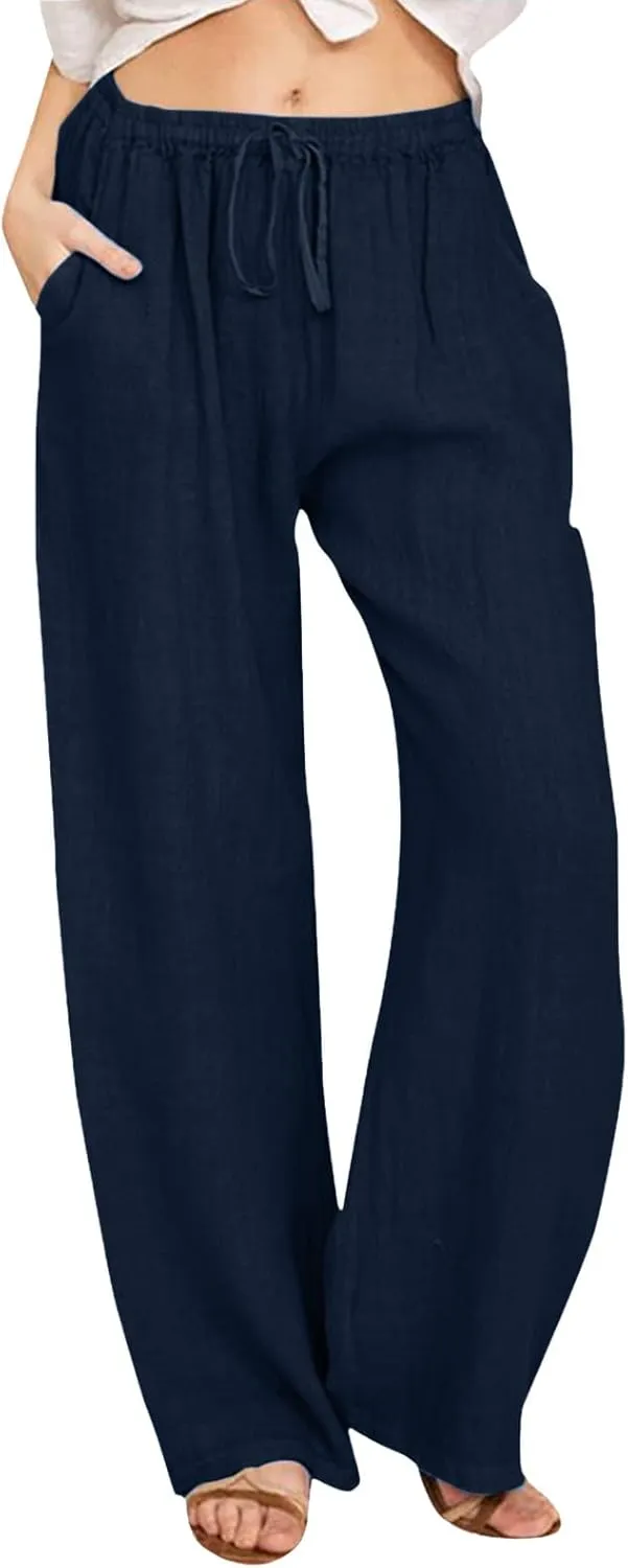 Womens Cotton Linen Summer Loose Flowy Pants Elastic Waisted Lounge Pants Slim-Fit Palazzo Pants Beach