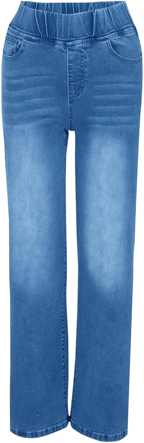 Women's Denim Sweatpants Elastic Waist Straight Leg Trousers Casual Slim Fit Stretch Hiking Jogger Jeans with Pockets