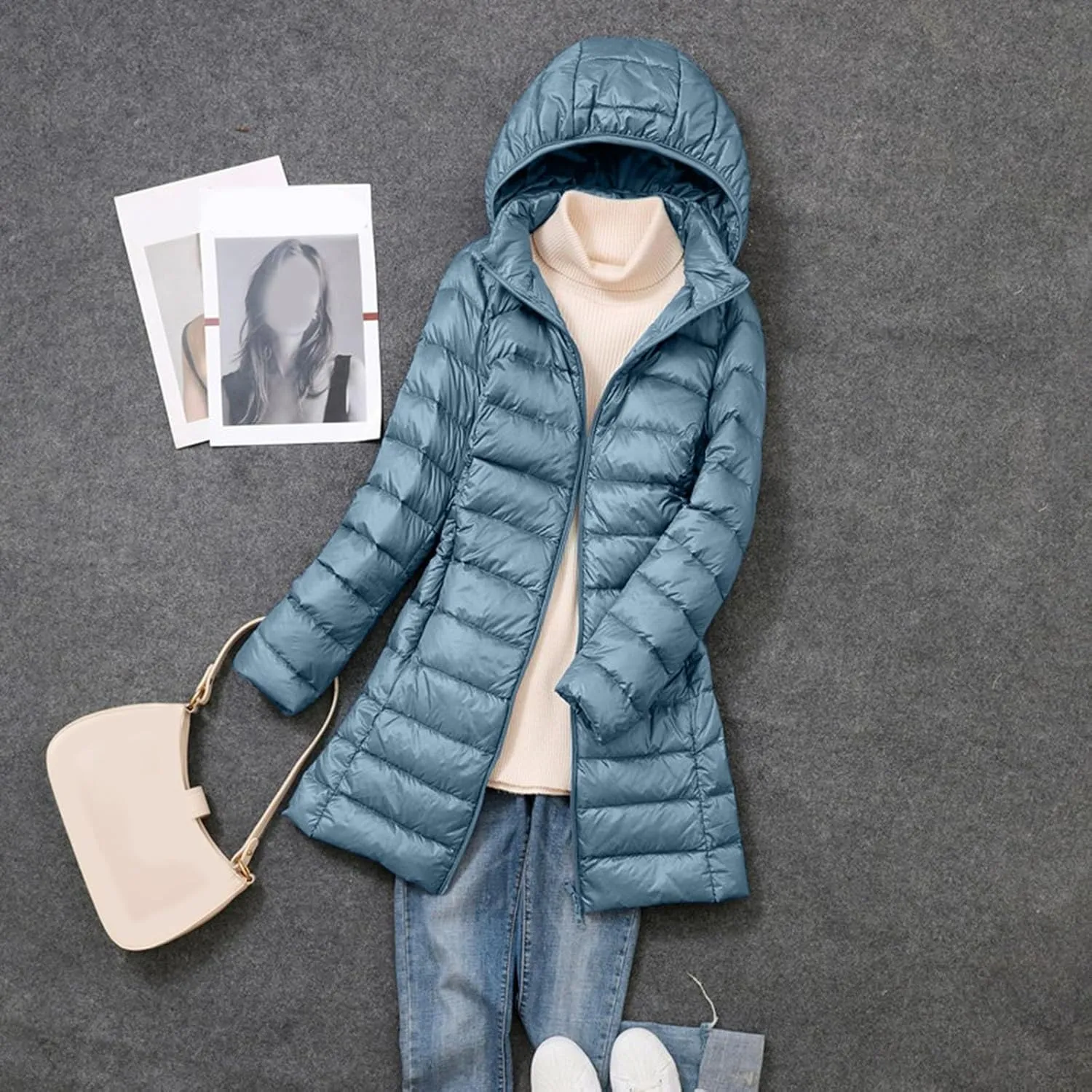 Womens Long Puffer Coat Packable Down Coat Ultralight Parkas Jacket Plus Size Zip Up Winter Hooded Insulated Coat